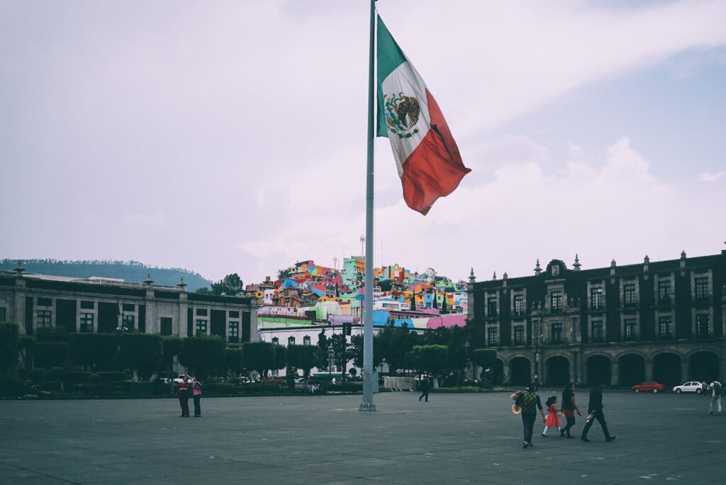 town square in Mexico with a flag