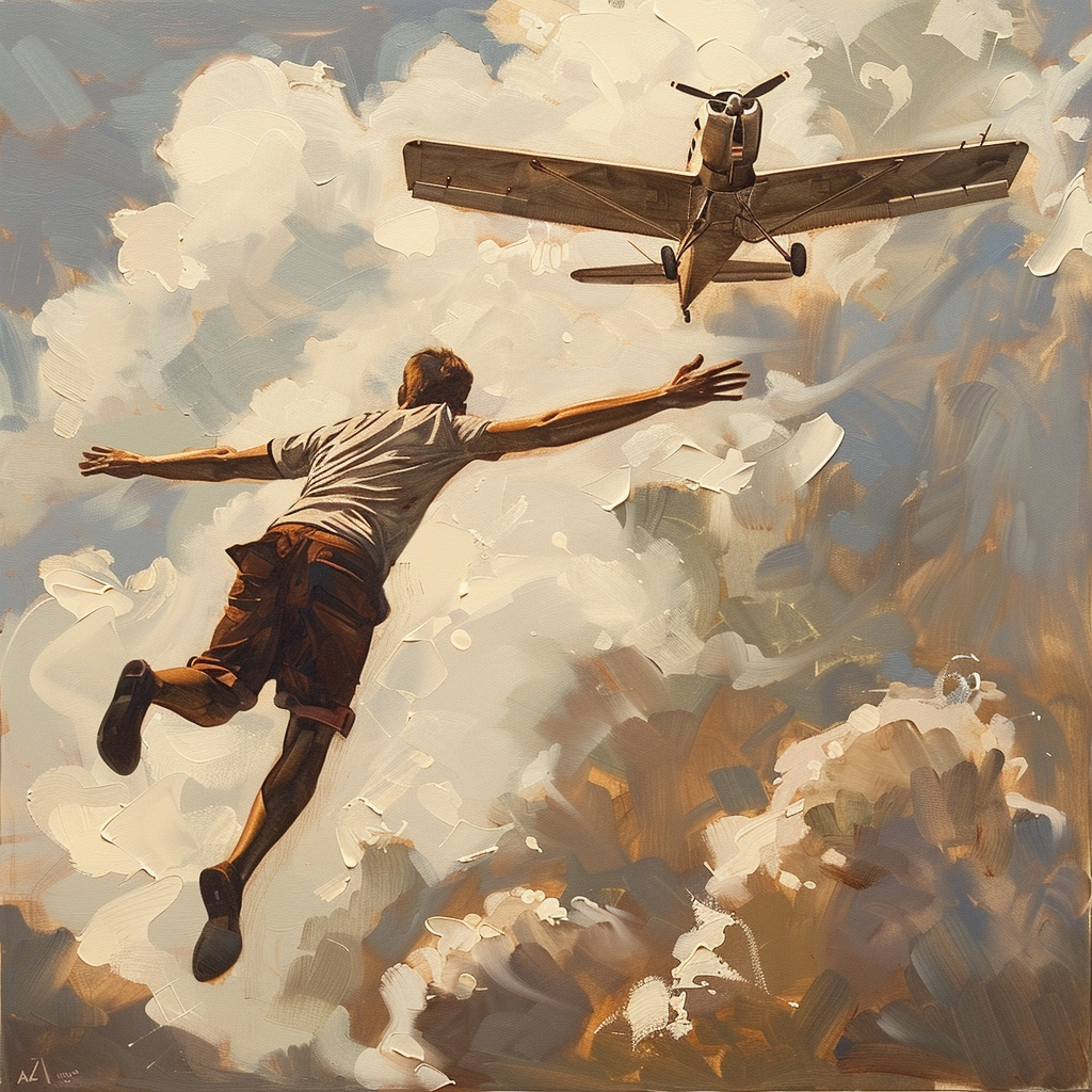 man falling in front of a plane
