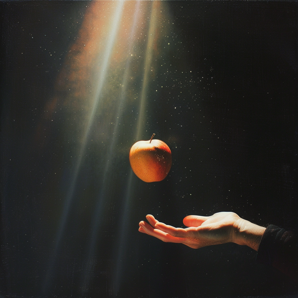 an apple floating in someones hand