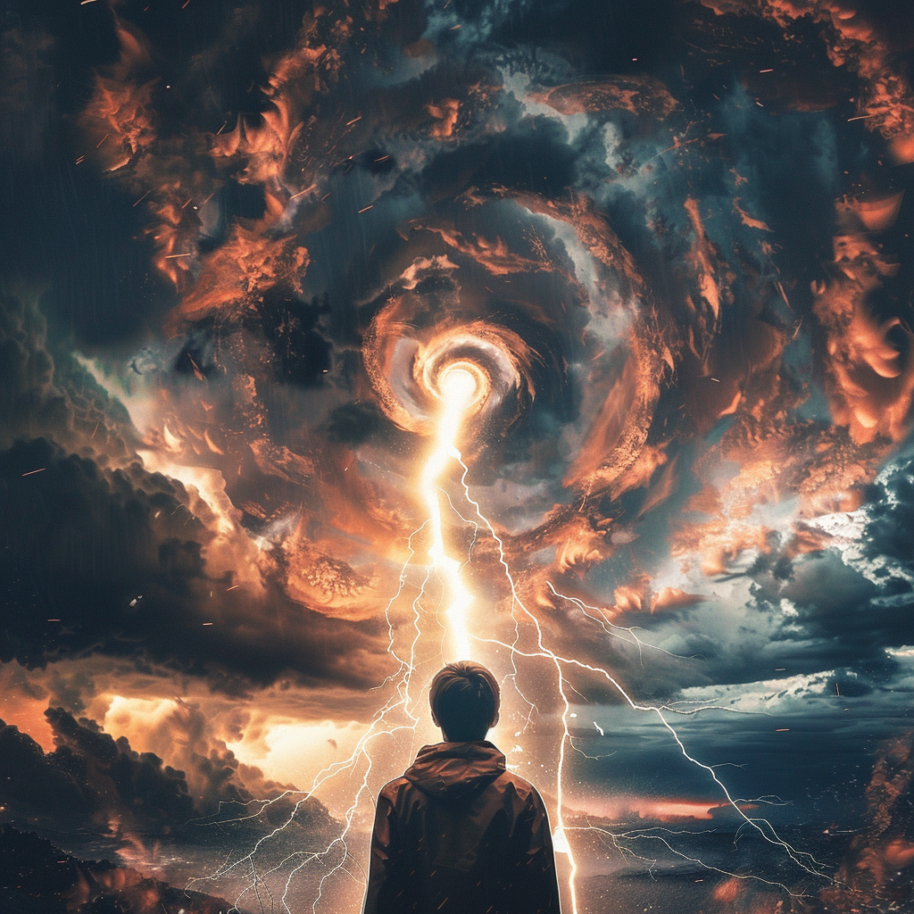 man staring a large thunder cloud