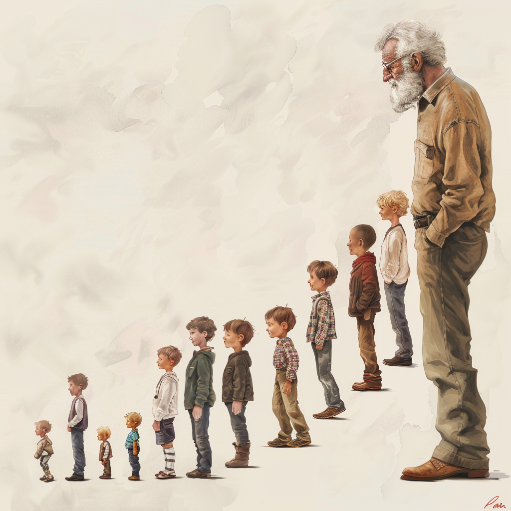 a number of people standing in a line progressively getting older